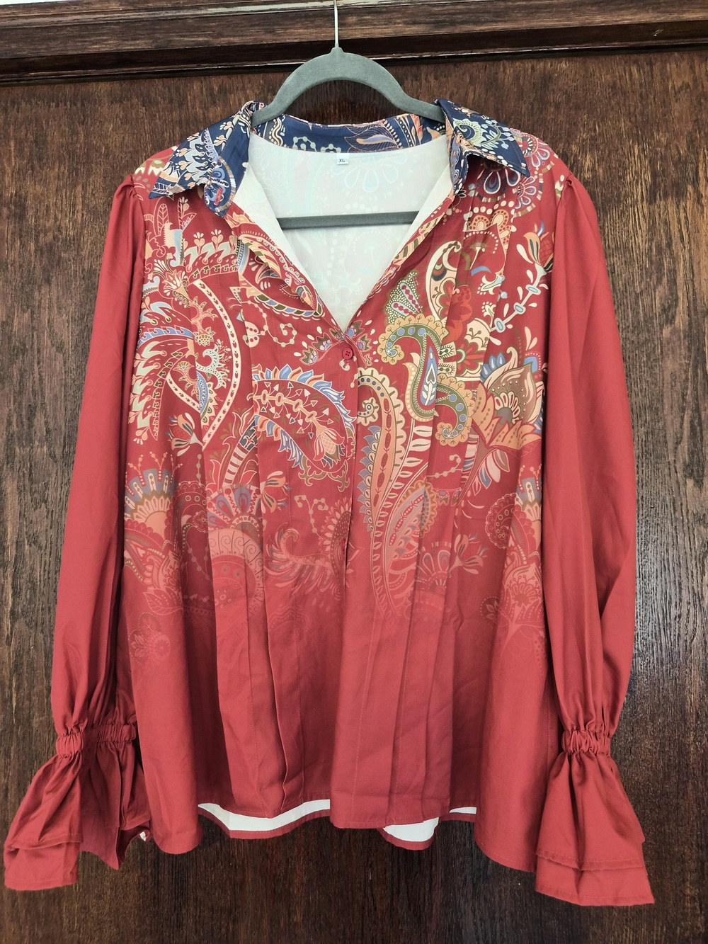 Red Paisley Button-Up Blouse - Women Tops